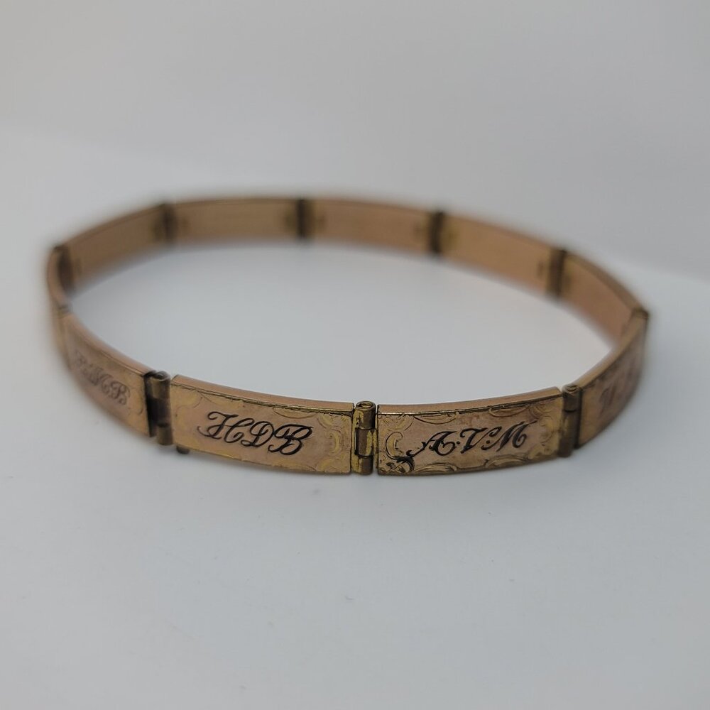 Antique Gold Filled & Enamel Forget Me Not Sweetheart Panel Bracelet